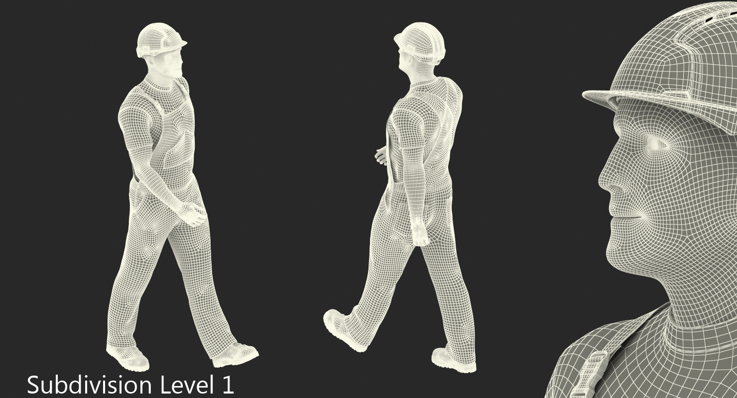 3D Builder Wearing Orange Coveralls with Hardhat Walking Pose model