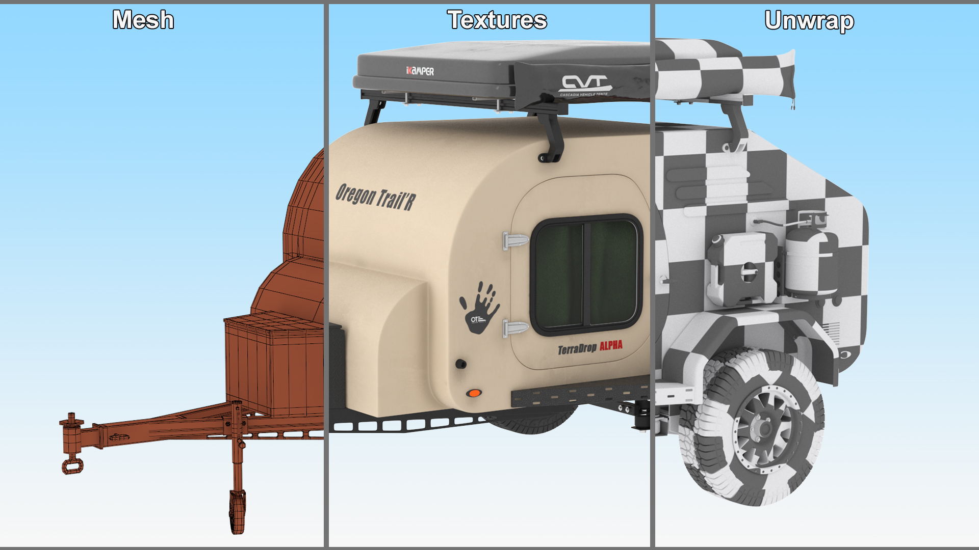 3D model Camping Beige Trailer Teardrop Lights On