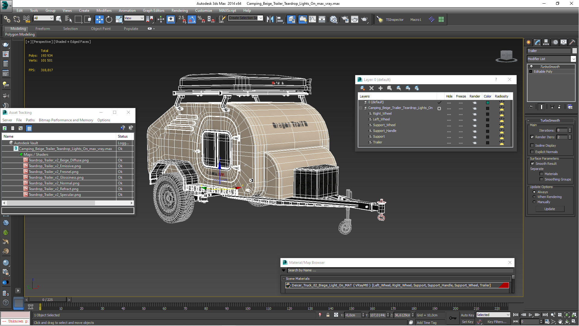 3D model Camping Beige Trailer Teardrop Lights On