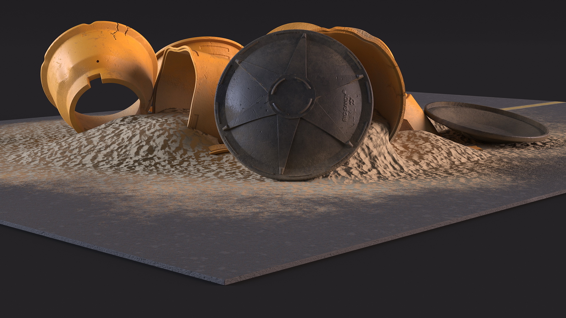 3D Road Section with Sand Barrels Crashed model