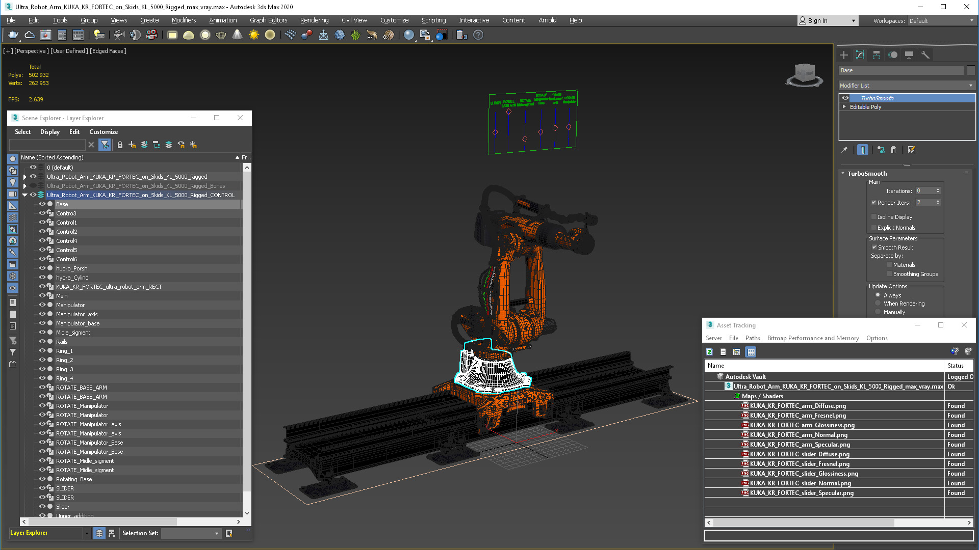 3D Ultra Robot Arm KUKA KR FORTEC On Skids KL 5000 Rigged for Maya model
