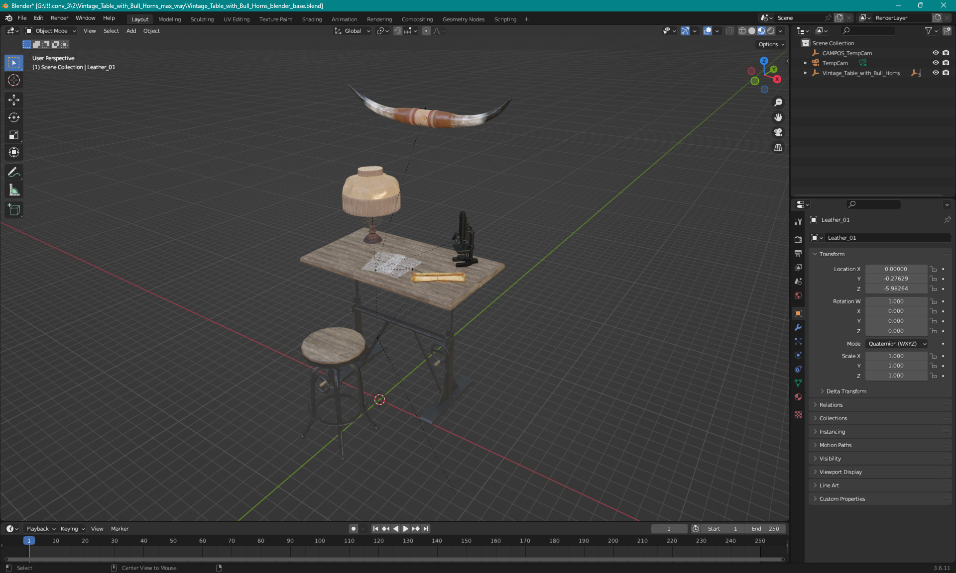 Vintage Table with Bull Horns 3D model