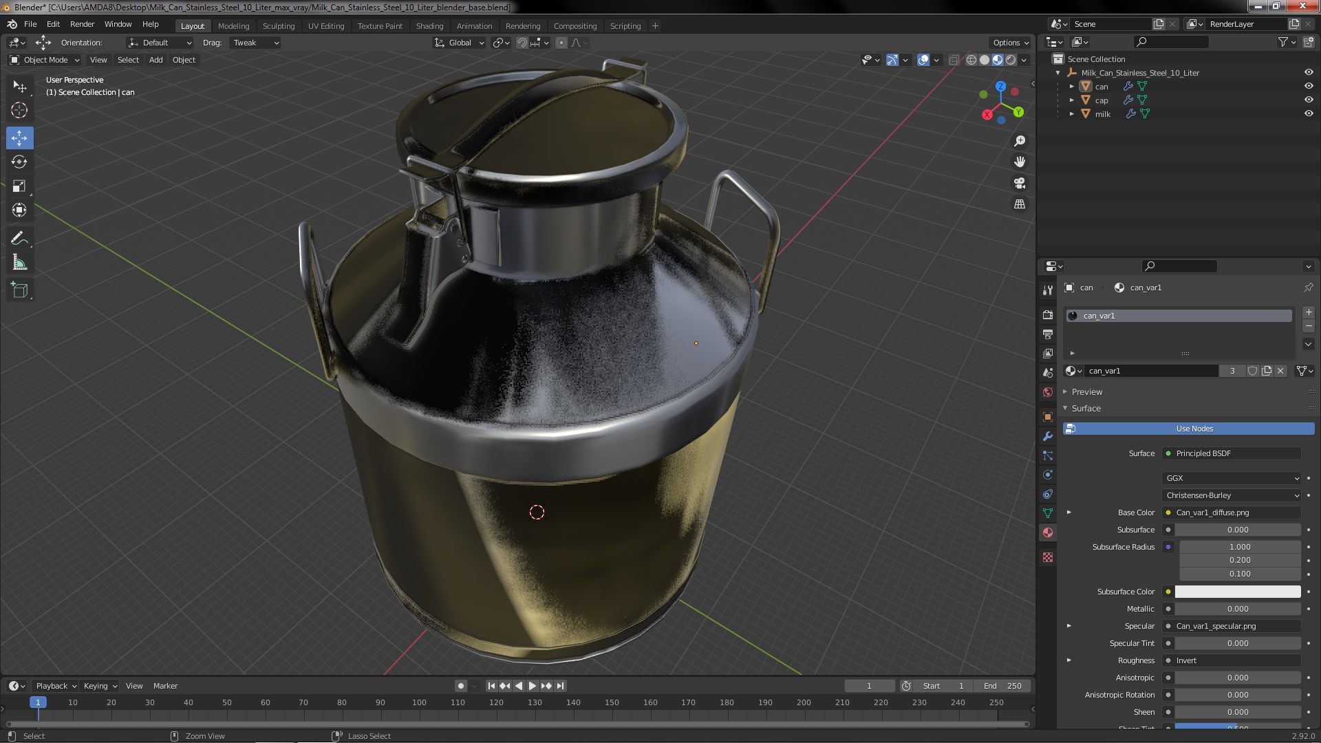 3D Milk Can Stainless Steel 10 Liter model