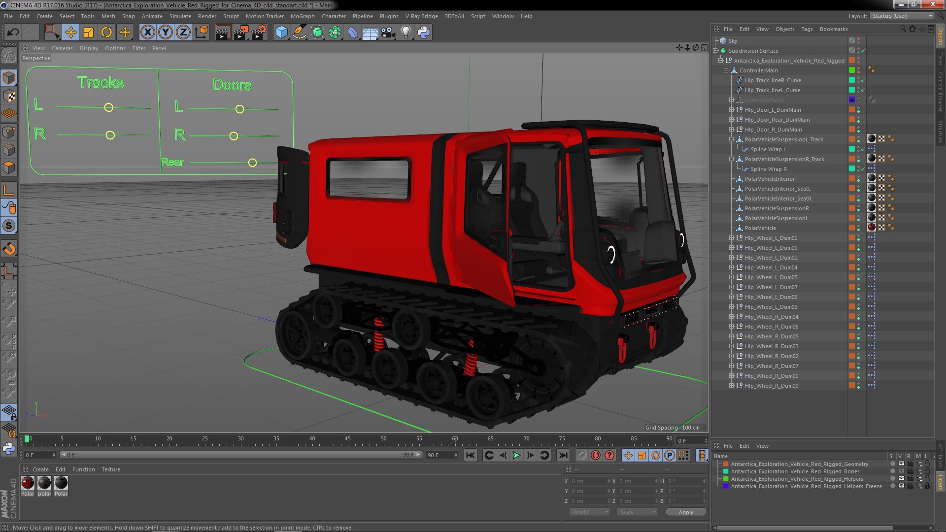 3D model Antarctica Exploration Vehicle Red Rigged for Cinema 4D