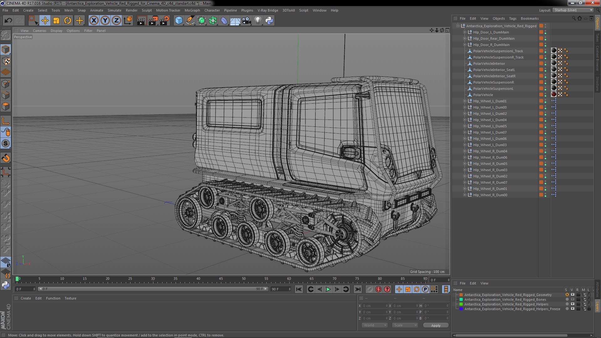 3D model Antarctica Exploration Vehicle Red Rigged for Cinema 4D