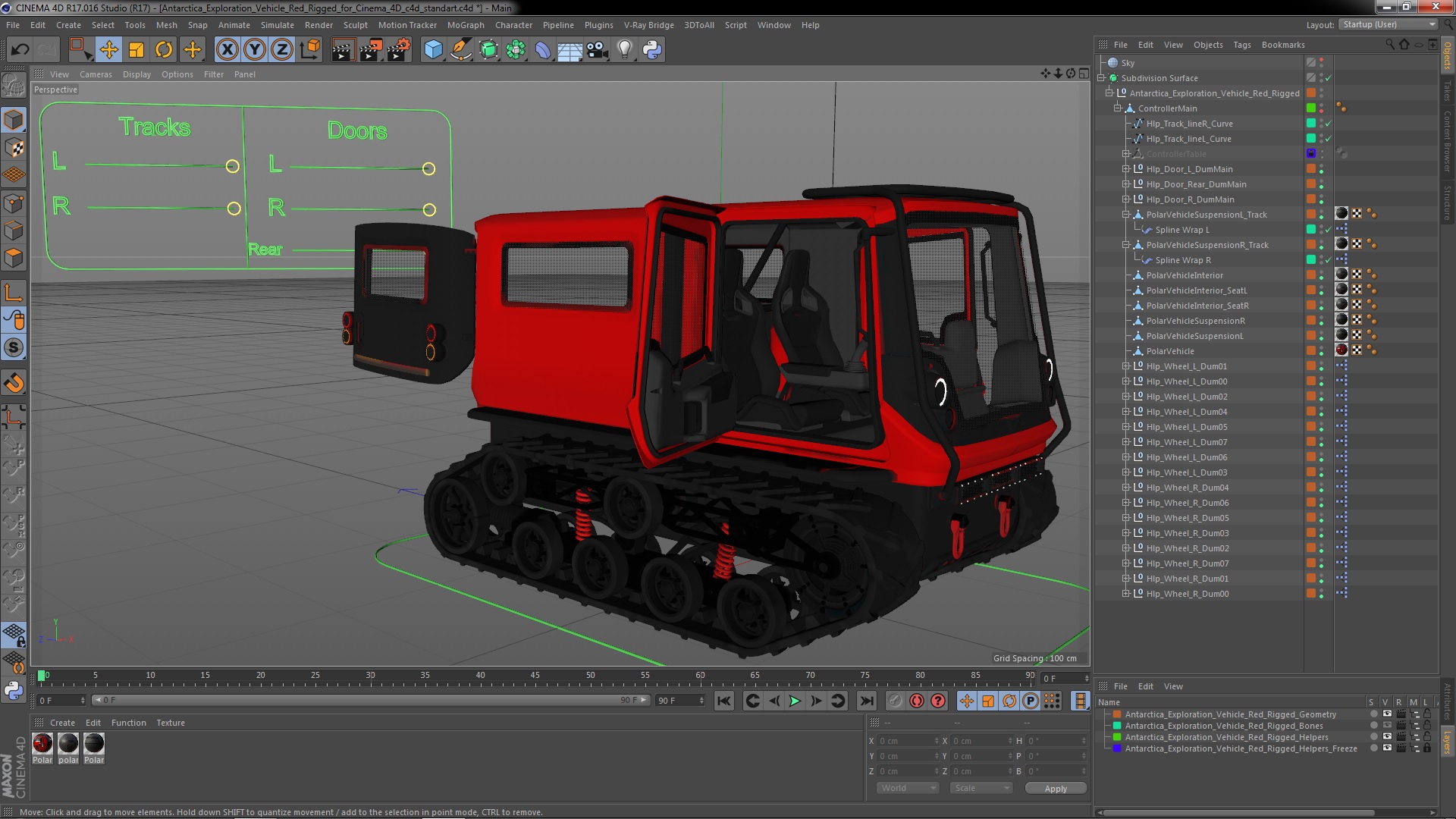 3D model Antarctica Exploration Vehicle Red Rigged for Cinema 4D