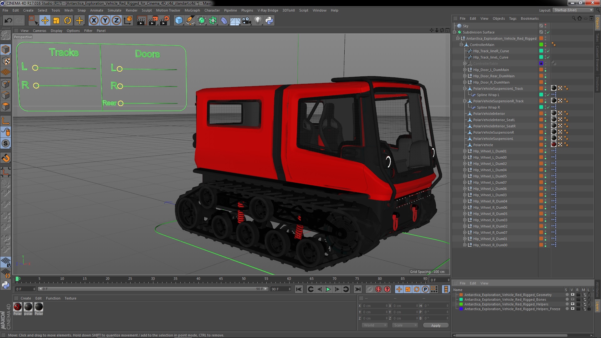3D model Antarctica Exploration Vehicle Red Rigged for Cinema 4D