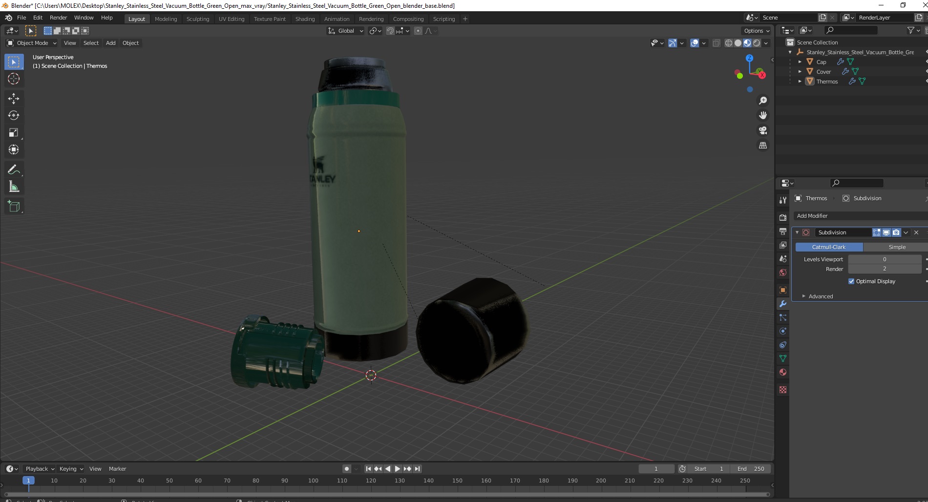 3D Stanley Stainless Steel Vacuum Bottle Green Open model