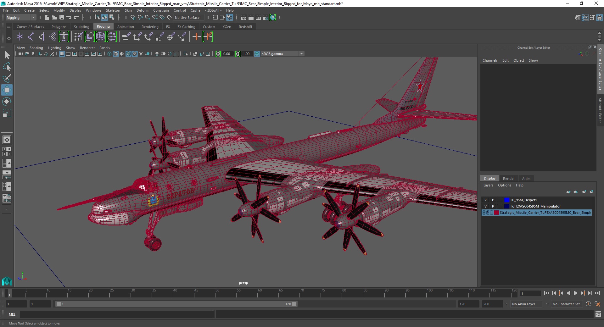 3D model Strategic Missile Carrier Tu-95MC Bear Simple Interior Rigged for Maya