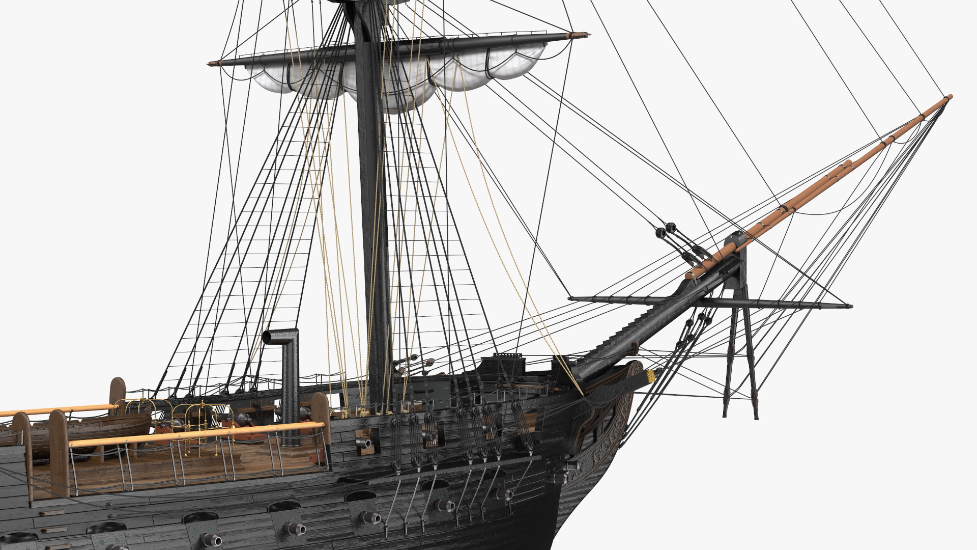 Three Masted Heavy Frigate Retracted Sails 3D