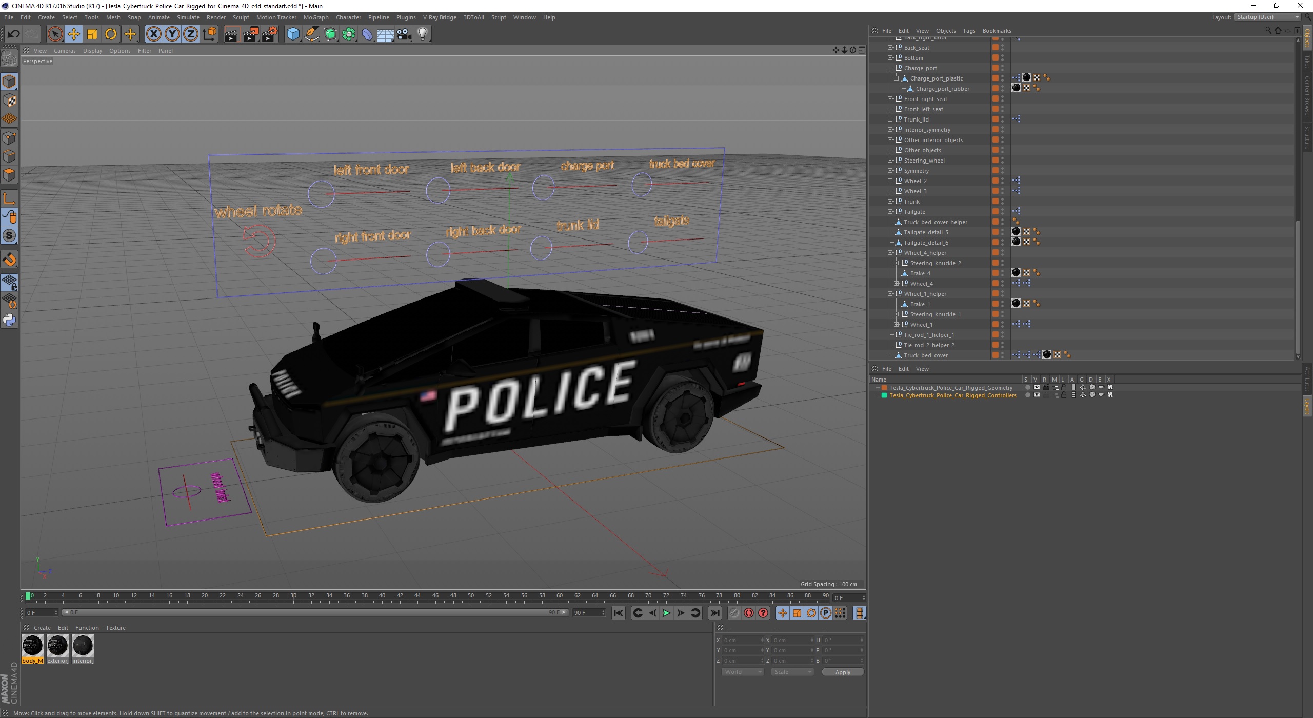 3D Tesla Cybertruck Police Car Rigged for Cinema 4D model
