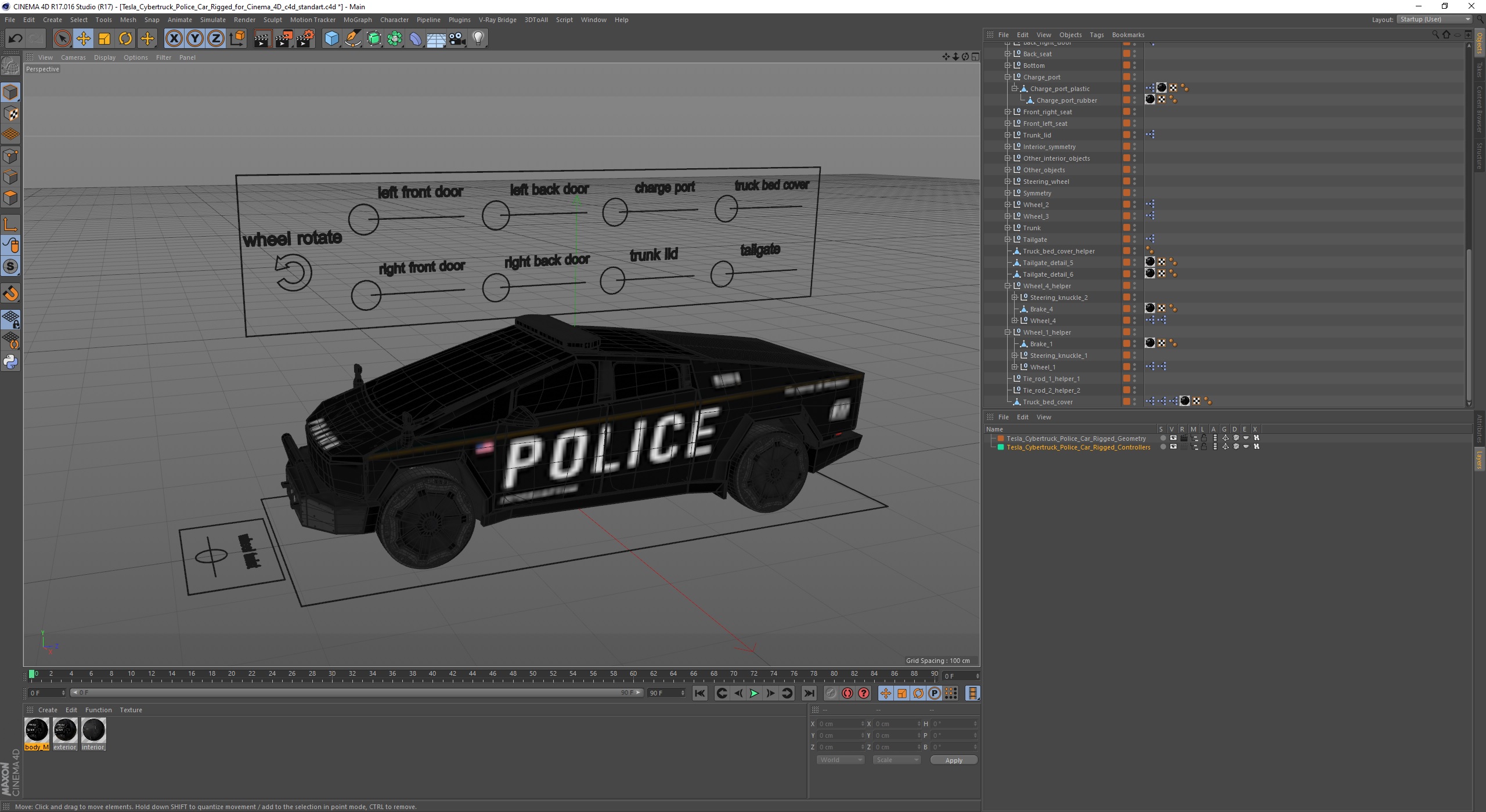 3D Tesla Cybertruck Police Car Rigged for Cinema 4D model
