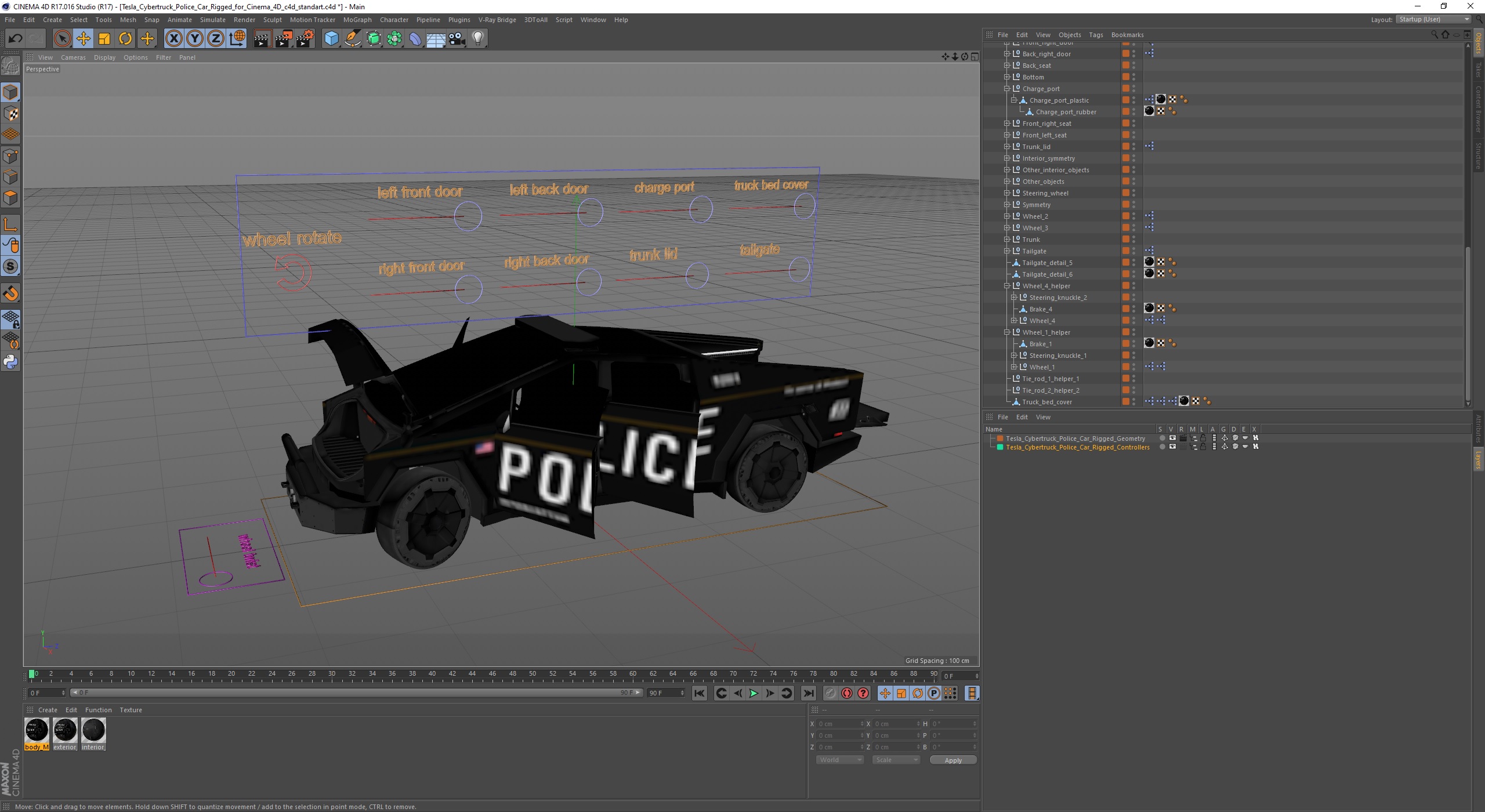 3D Tesla Cybertruck Police Car Rigged for Cinema 4D model