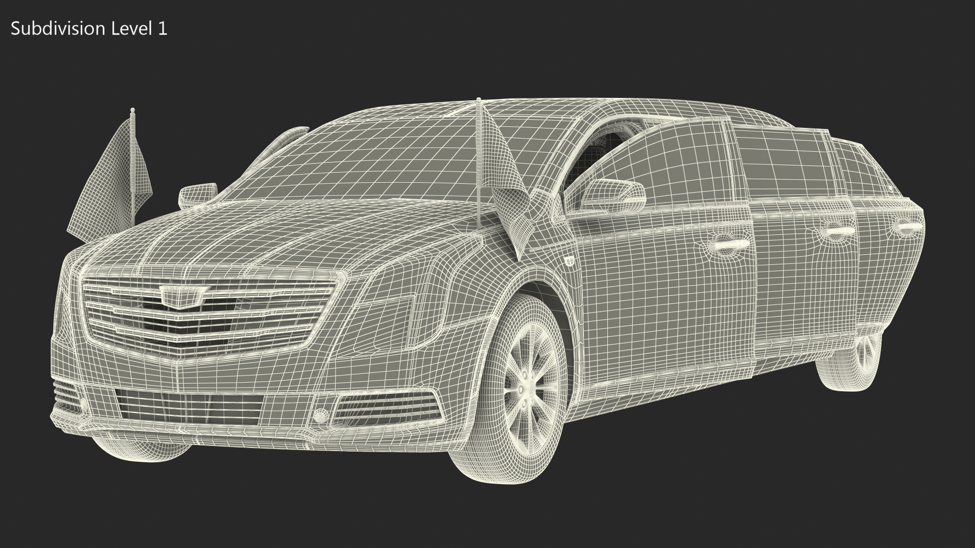 3D Cadillac SS 70 Stretch Limousine with American Flag Rigged model