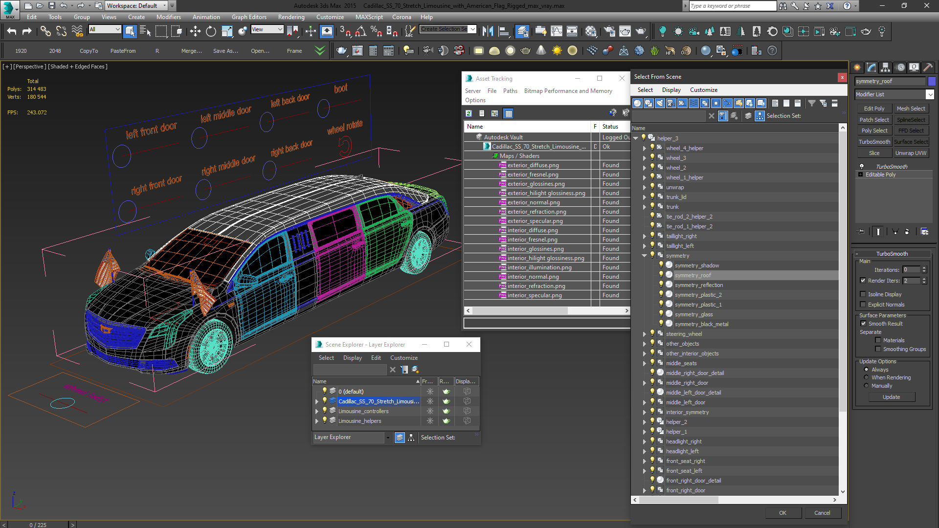 3D Cadillac SS 70 Stretch Limousine with American Flag Rigged model