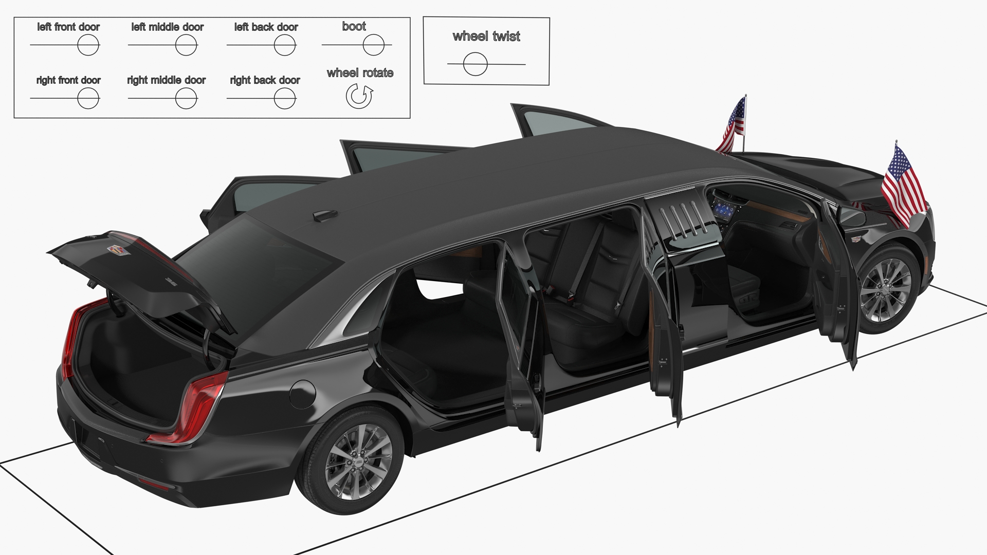 3D Cadillac SS 70 Stretch Limousine with American Flag Rigged model