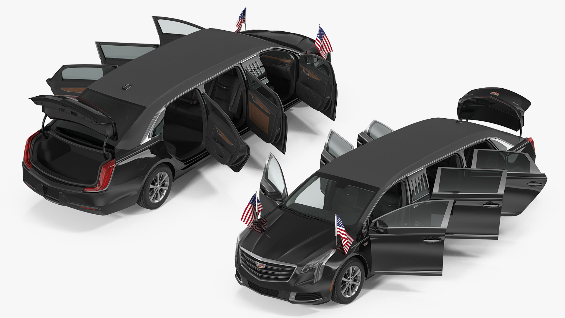 3D Cadillac SS 70 Stretch Limousine with American Flag Rigged model