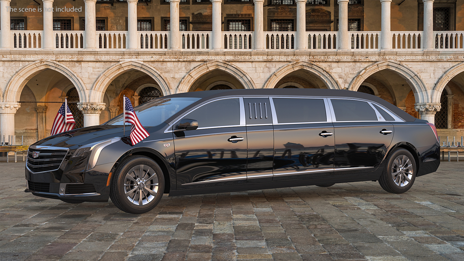 3D Cadillac SS 70 Stretch Limousine with American Flag Rigged model