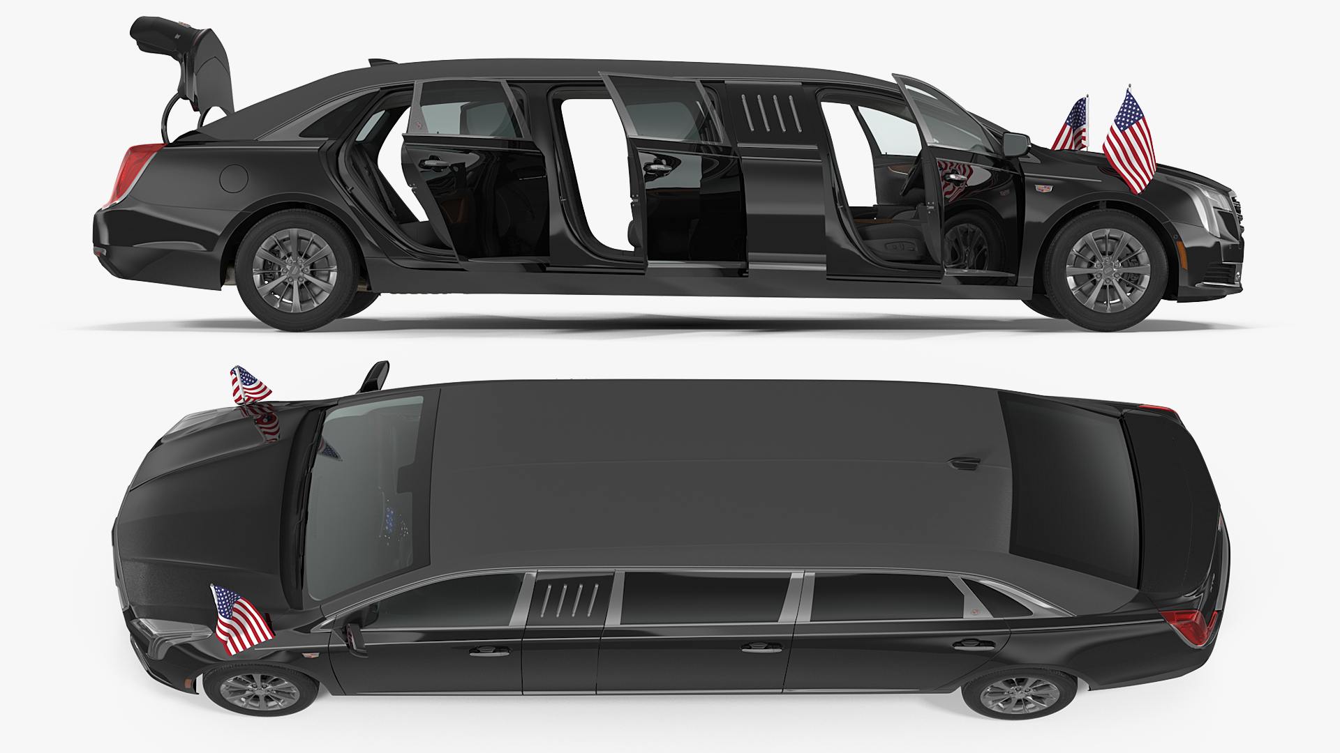 3D Cadillac SS 70 Stretch Limousine with American Flag Rigged model
