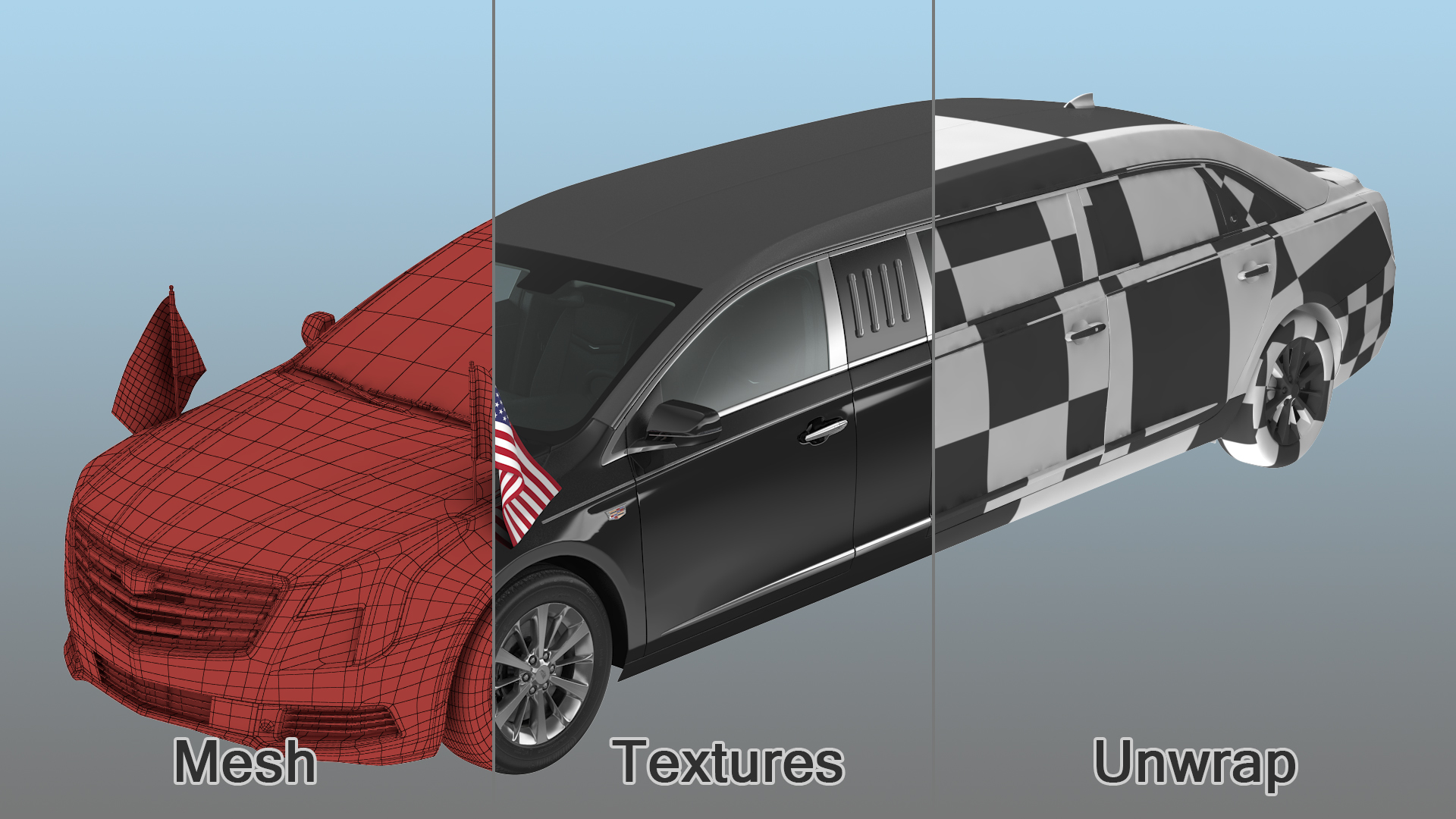 3D Cadillac SS 70 Stretch Limousine with American Flag Rigged model