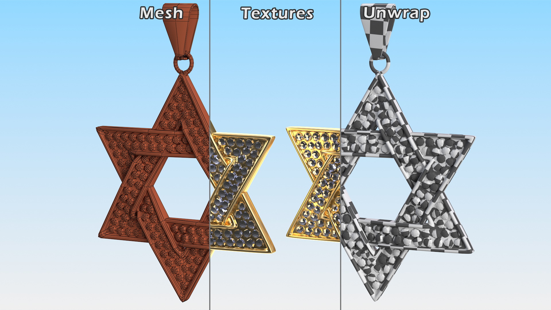 Star of David with Diamonds Gold 3D