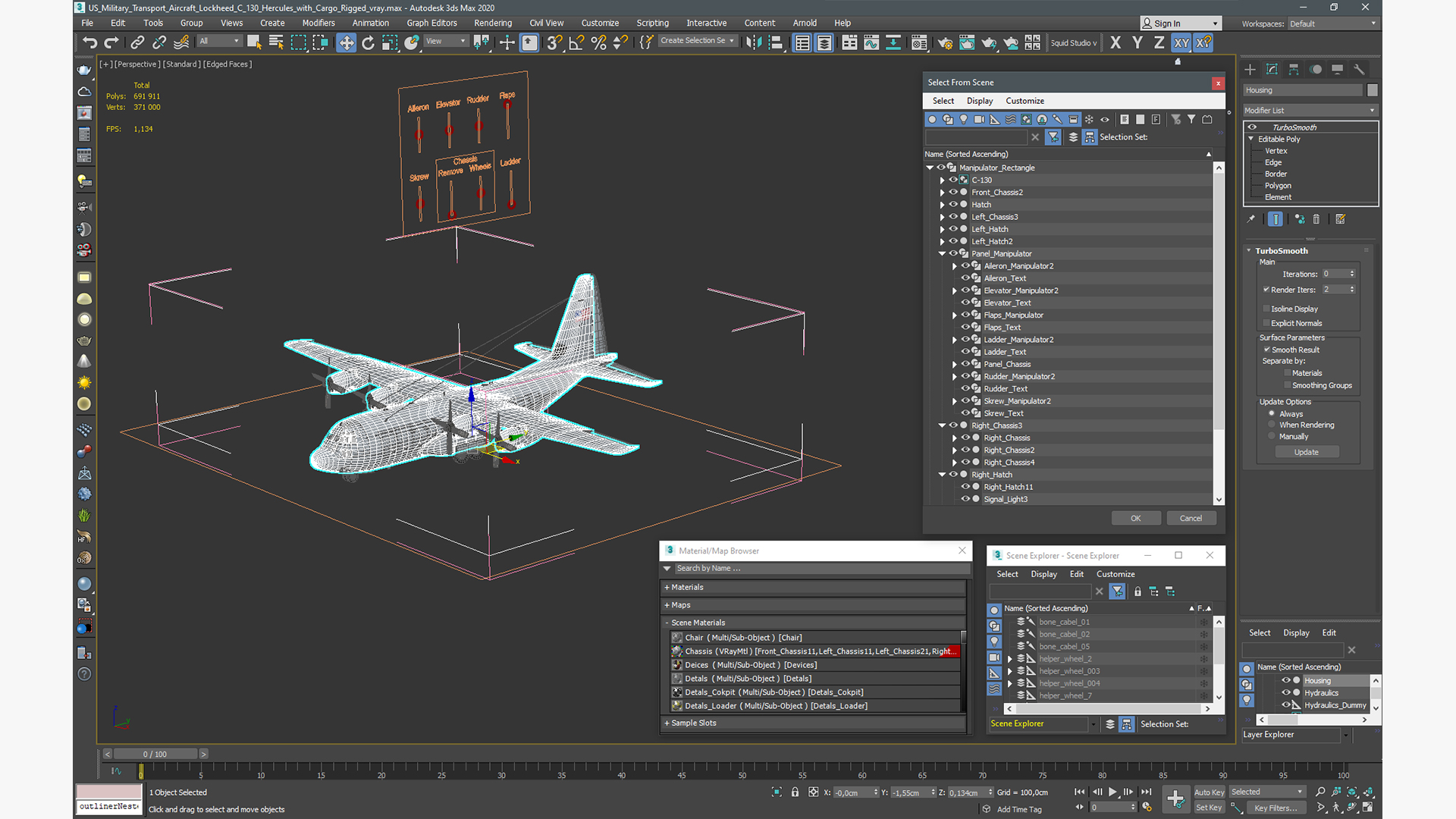 US Military Transport Aircraft Lockheed C 130 Hercules with Cargo Rigged 3D
