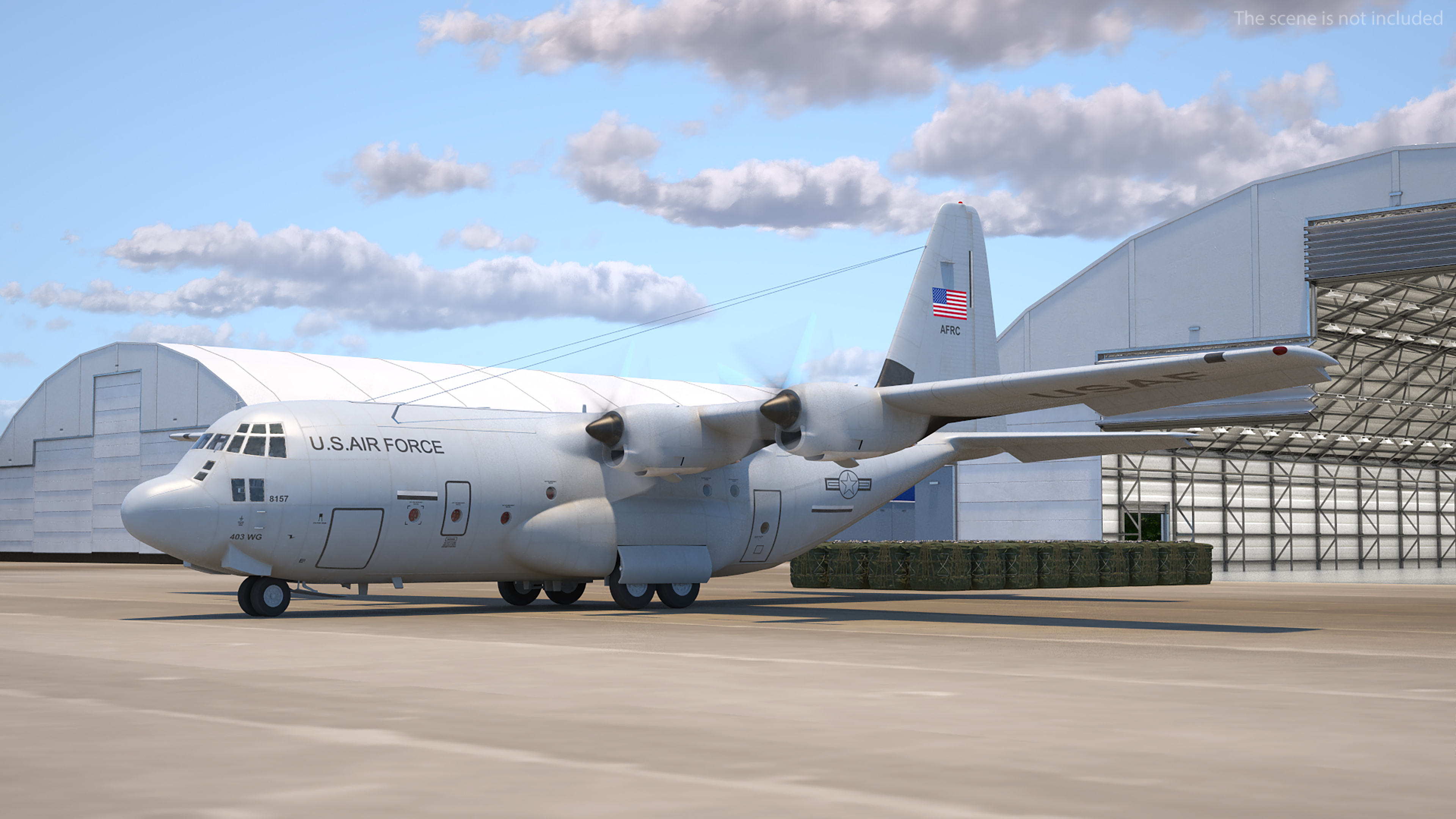 US Military Transport Aircraft Lockheed C 130 Hercules with Cargo Rigged 3D