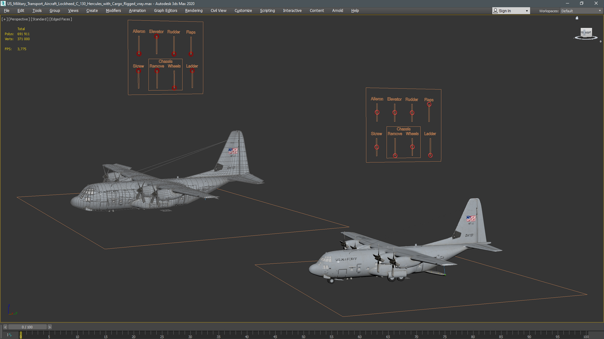 US Military Transport Aircraft Lockheed C 130 Hercules with Cargo Rigged 3D