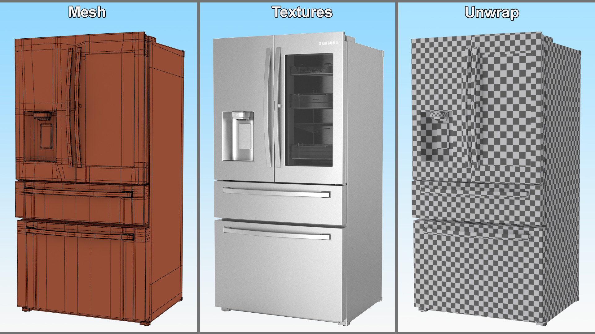 3D model Samsung 4-Door French Door Refrigerator Steel