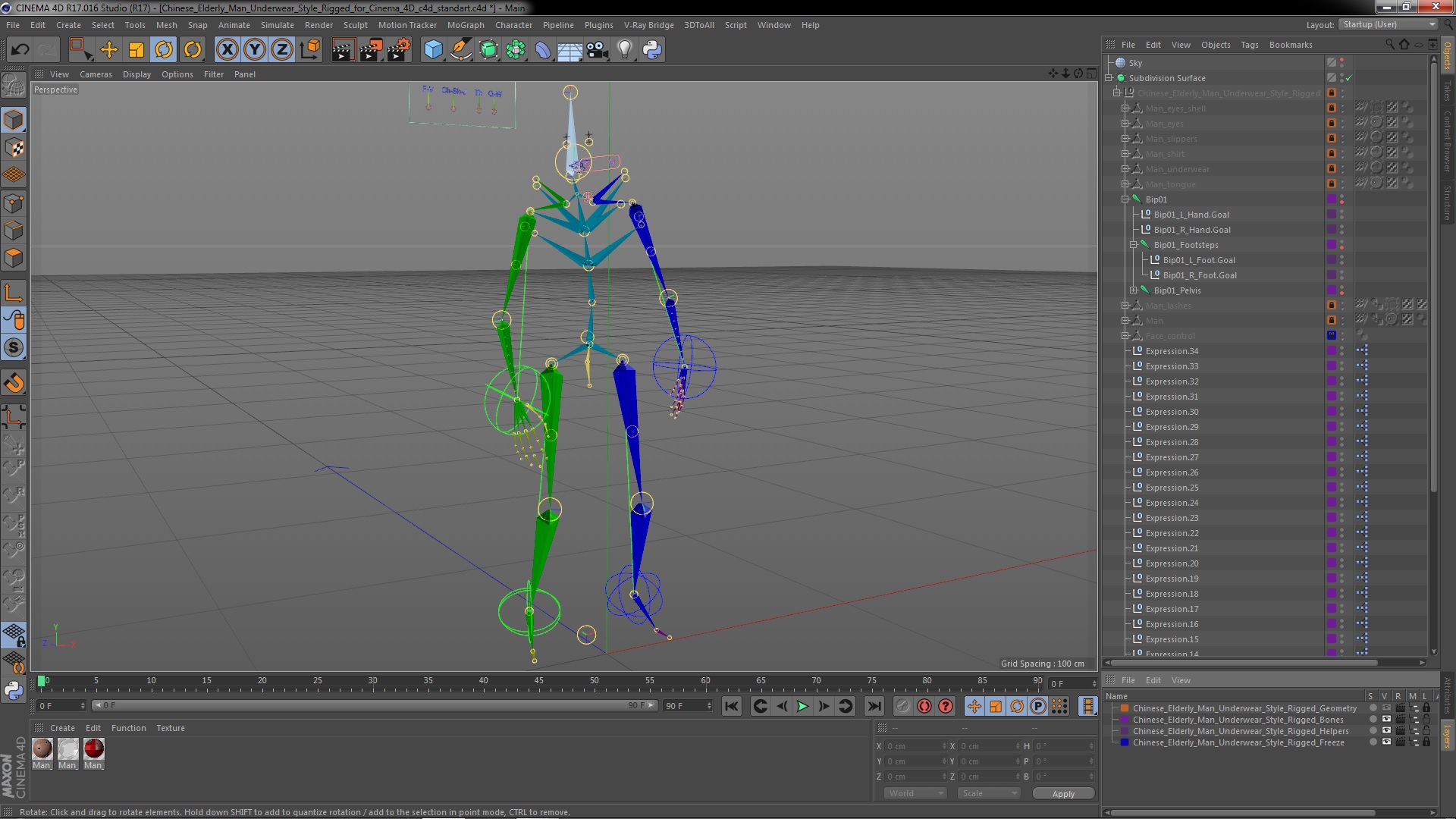 3D Chinese Elderly Man Underwear Style Rigged for Cinema 4D