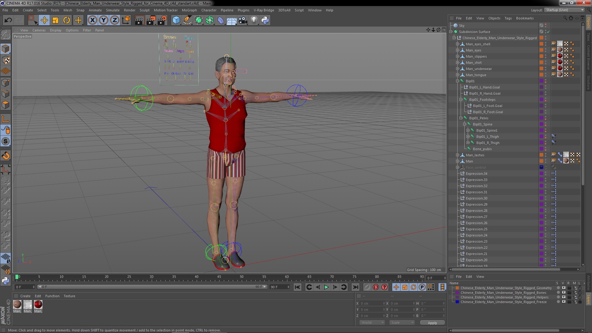 3D Chinese Elderly Man Underwear Style Rigged for Cinema 4D