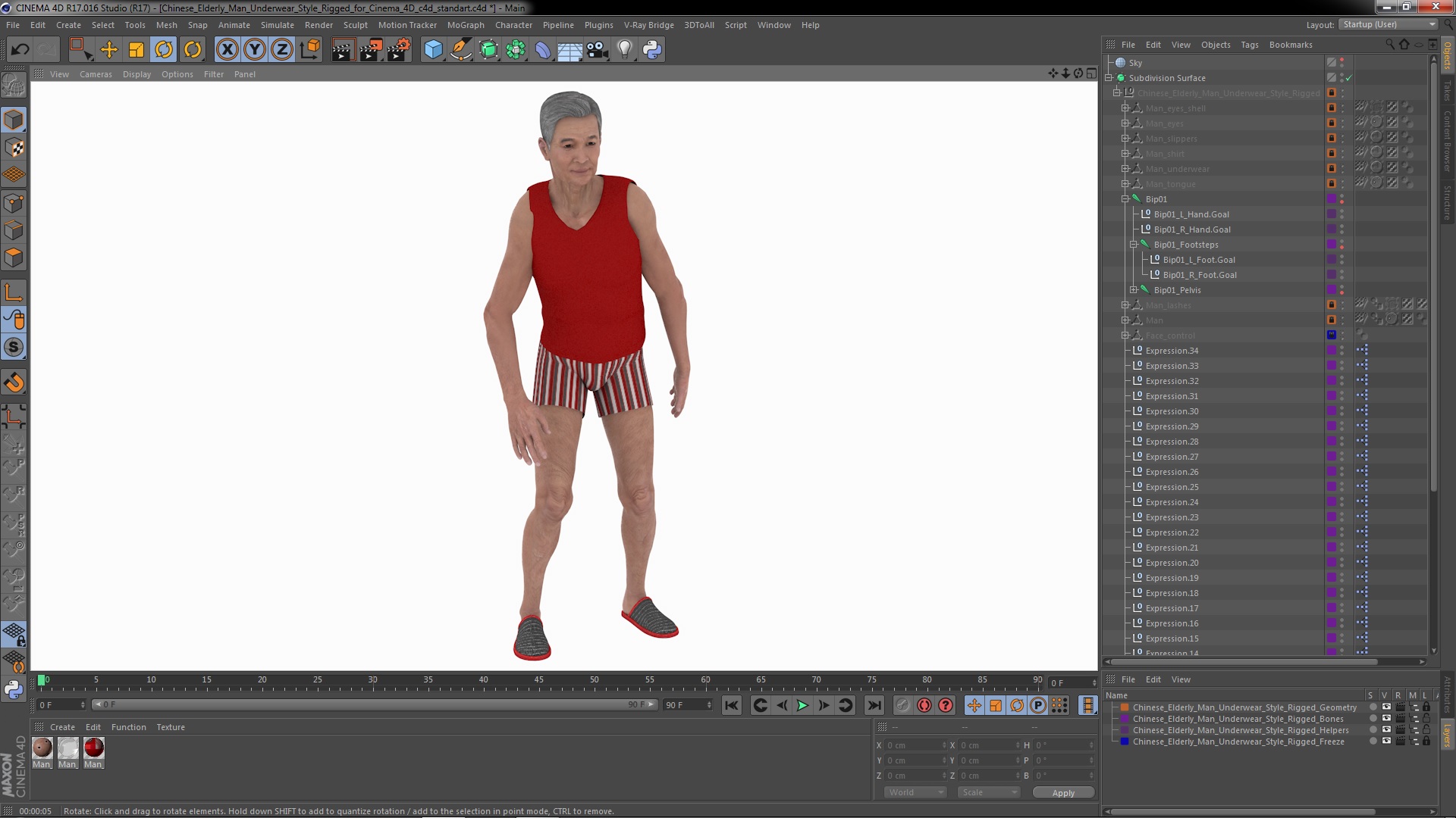 3D Chinese Elderly Man Underwear Style Rigged for Cinema 4D