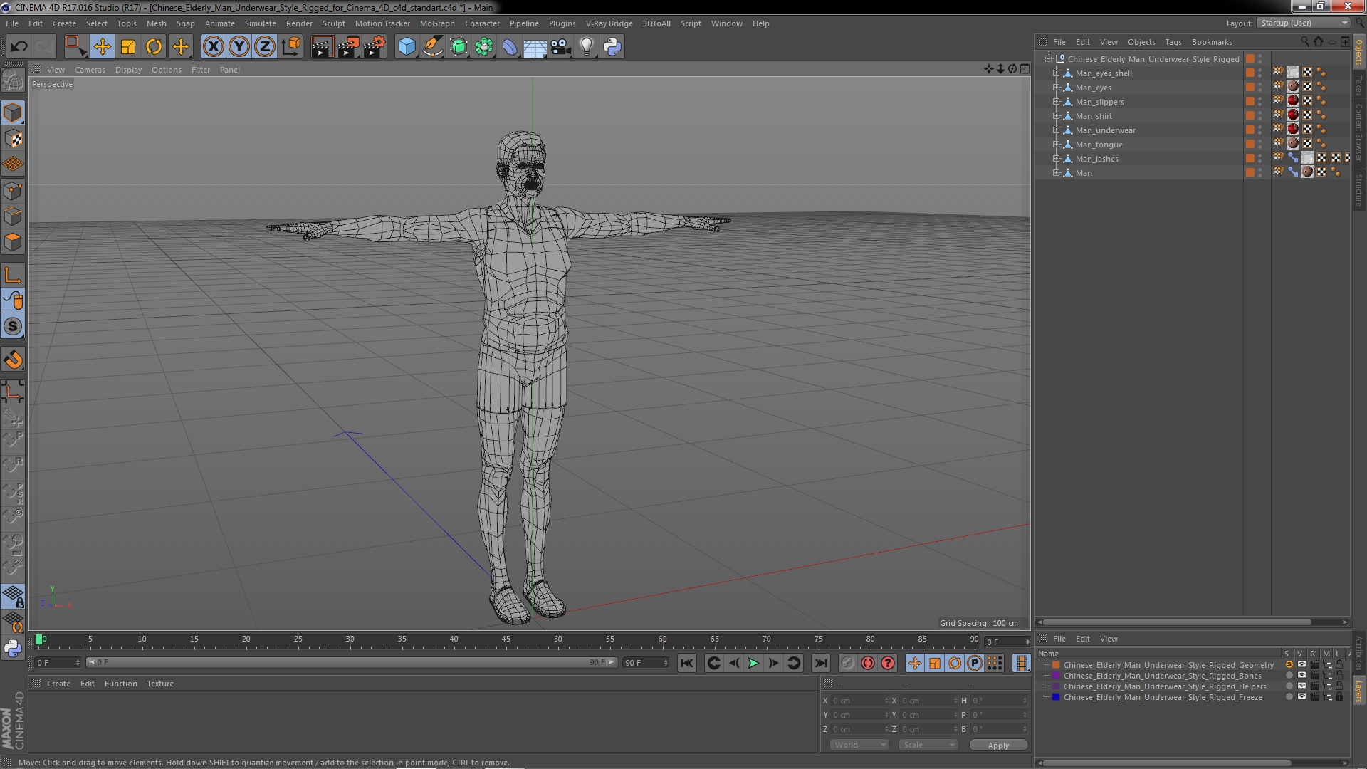 3D Chinese Elderly Man Underwear Style Rigged for Cinema 4D