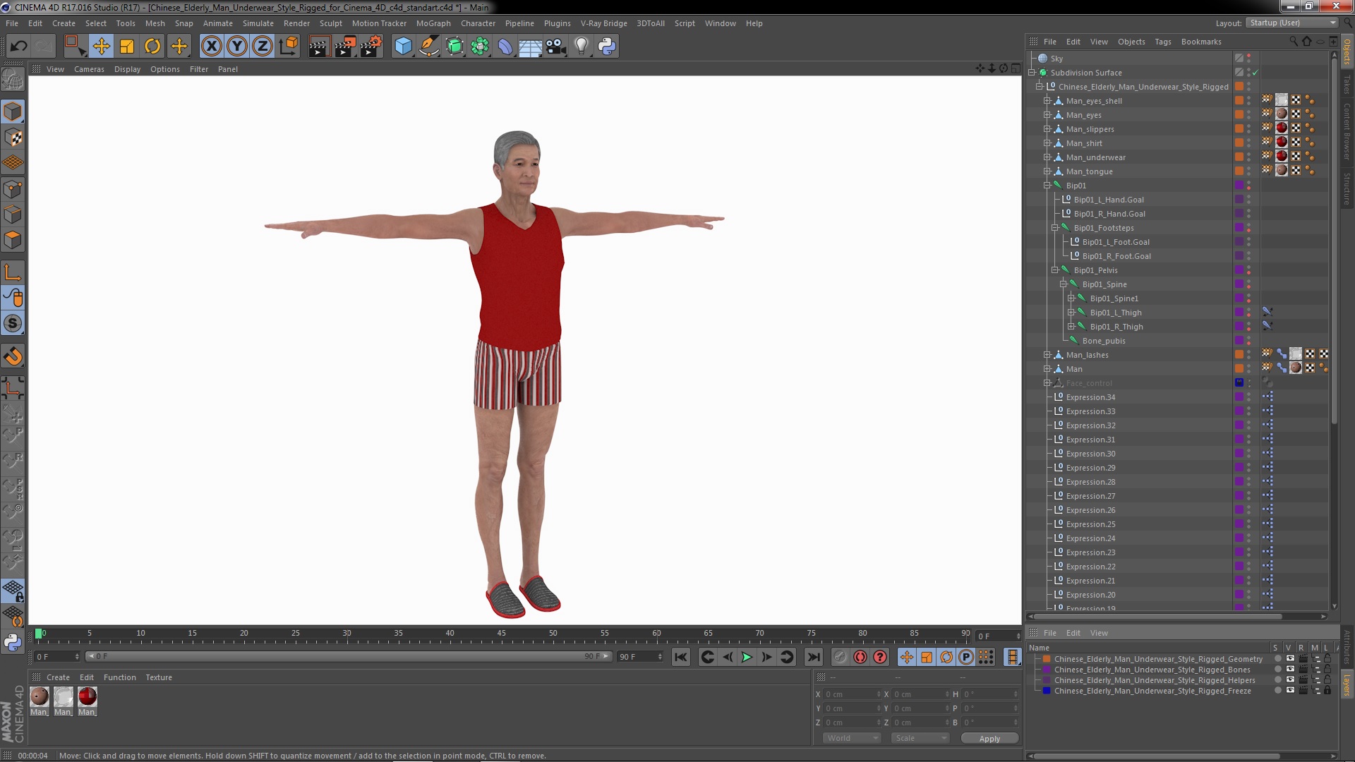 3D Chinese Elderly Man Underwear Style Rigged for Cinema 4D