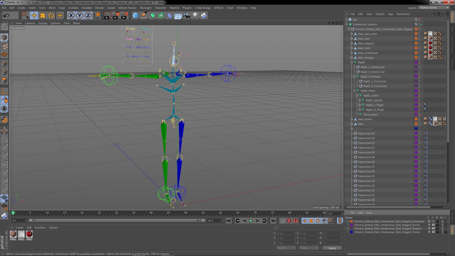 3D Chinese Elderly Man Underwear Style Rigged for Cinema 4D