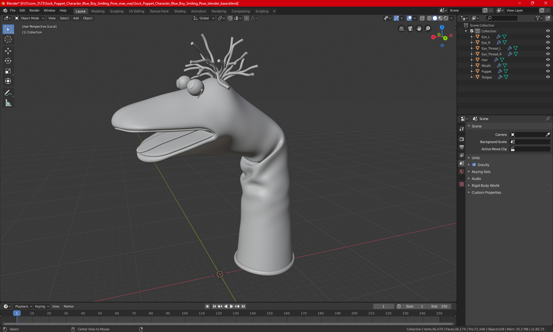 3D Sock Puppet Character Striped Boy Smiling Pose