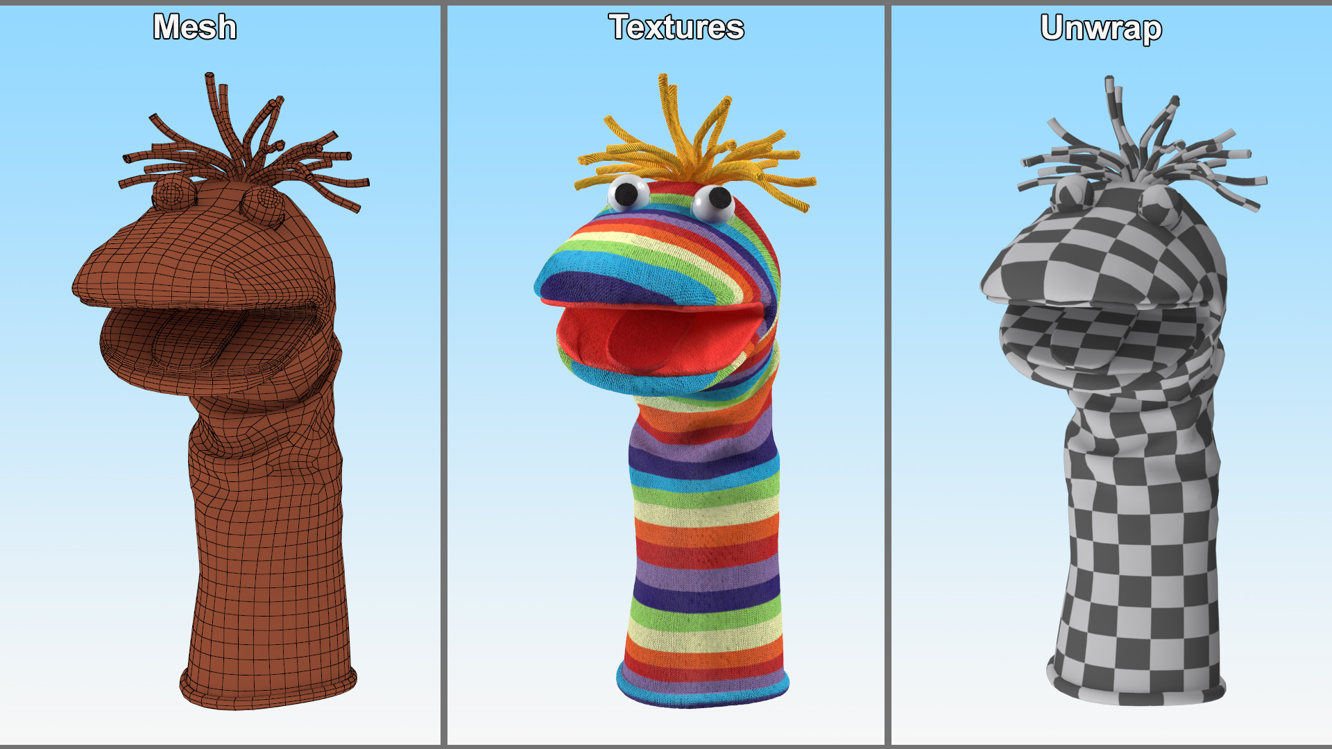 3D Sock Puppet Character Striped Boy Smiling Pose