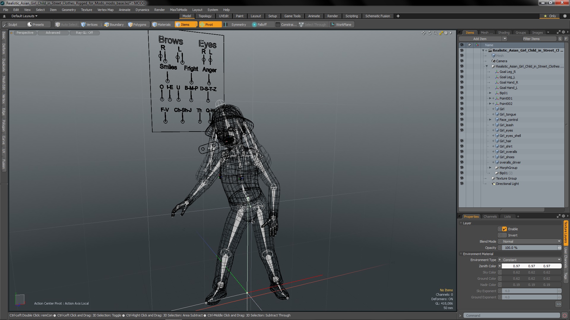 3D model Realistic Asian Girl Child in Street Clothes Rigged for Modo