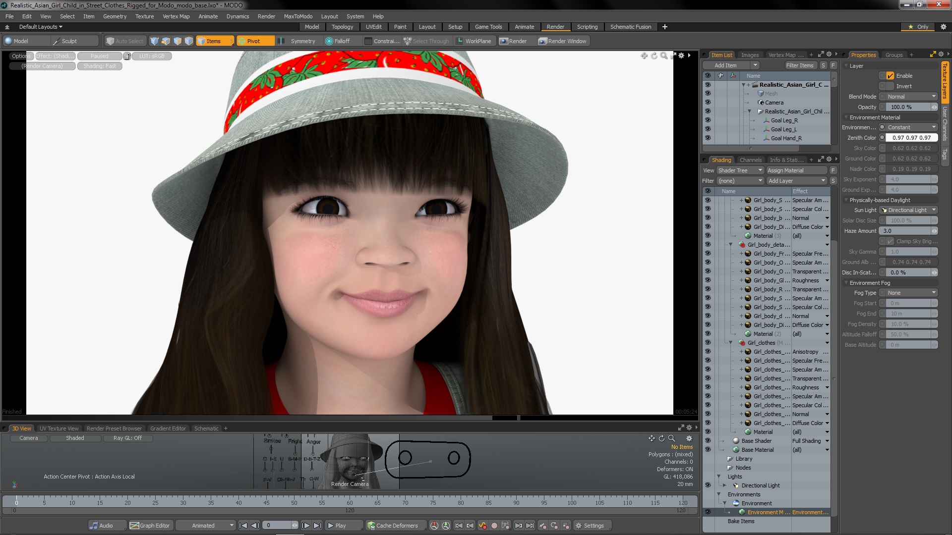 3D model Realistic Asian Girl Child in Street Clothes Rigged for Modo