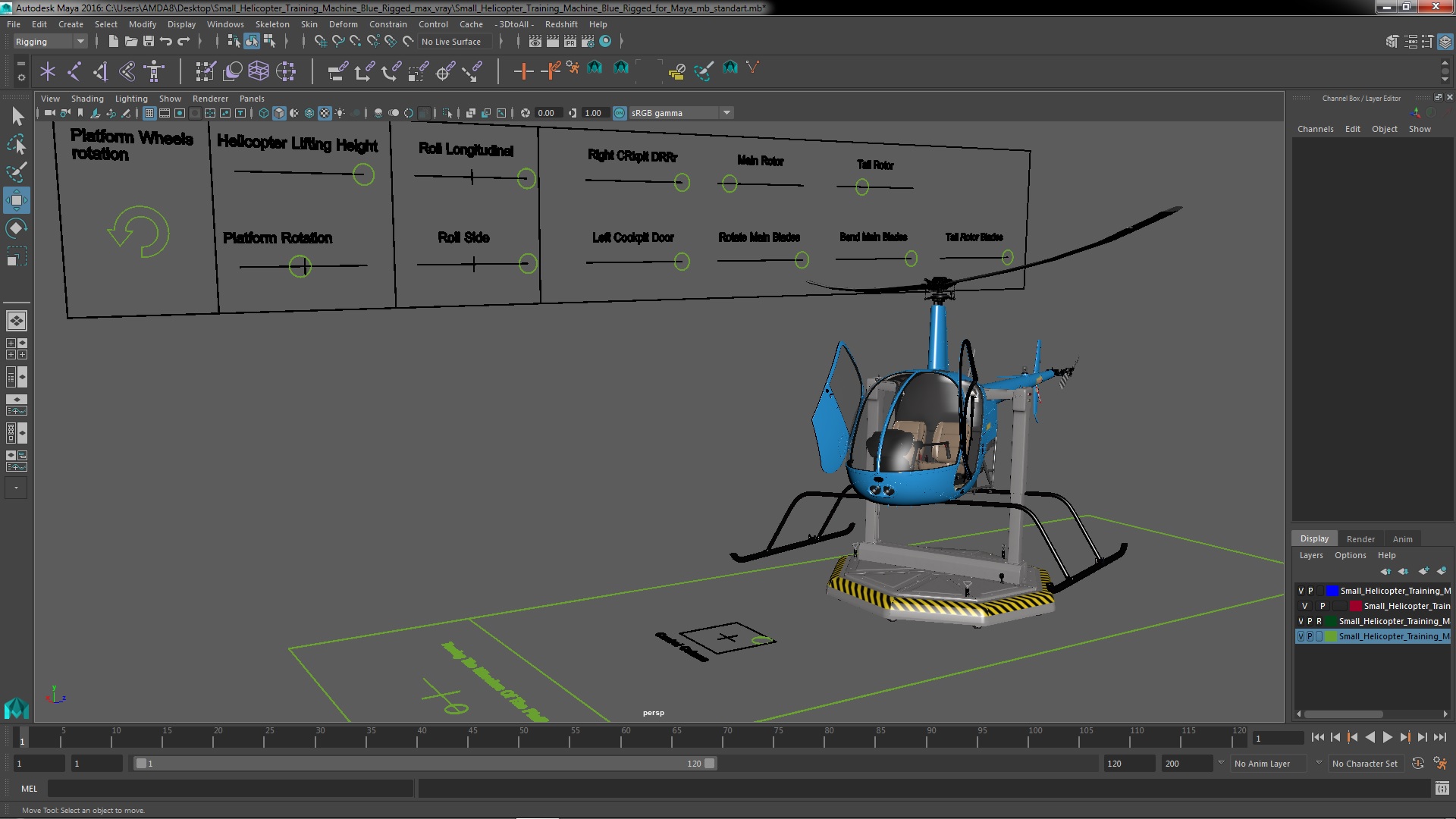 Small Helicopter Training Machine Blue Rigged for Maya 3D model