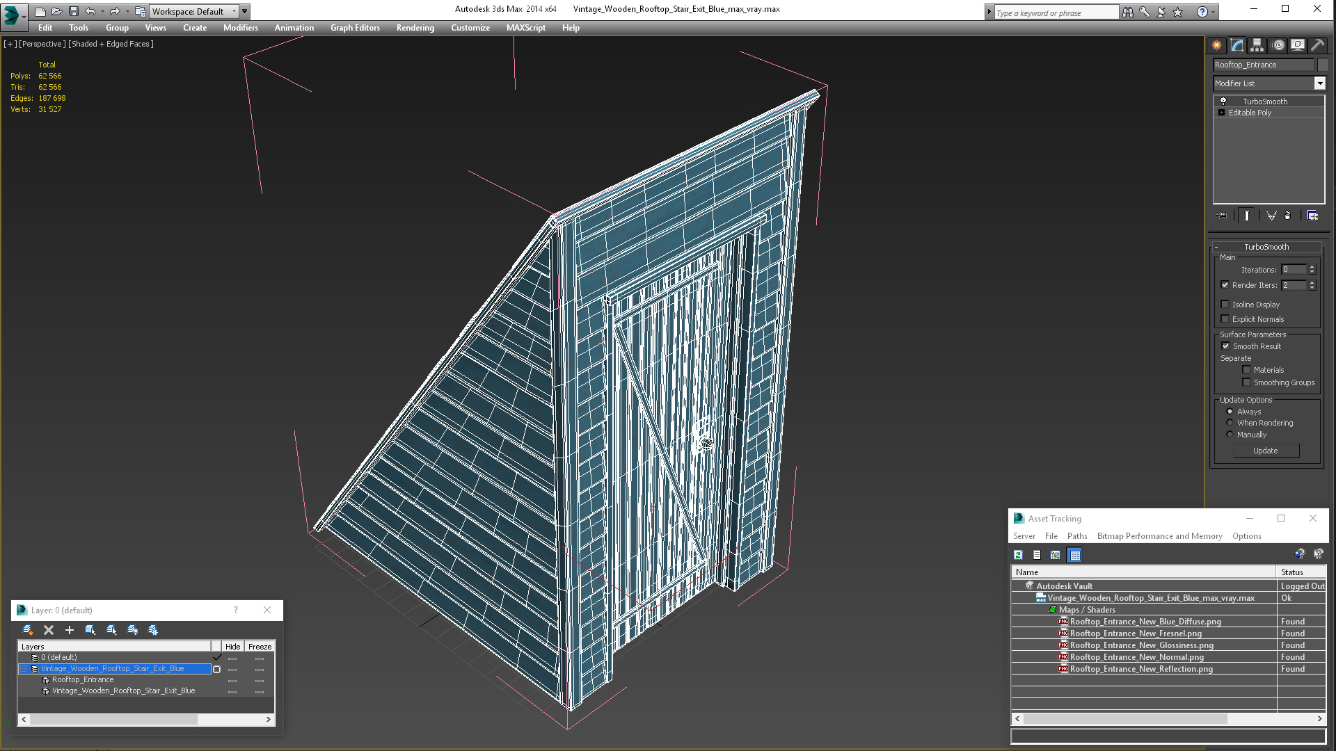 3D Vintage Wooden Rooftop Stair Exit Blue model