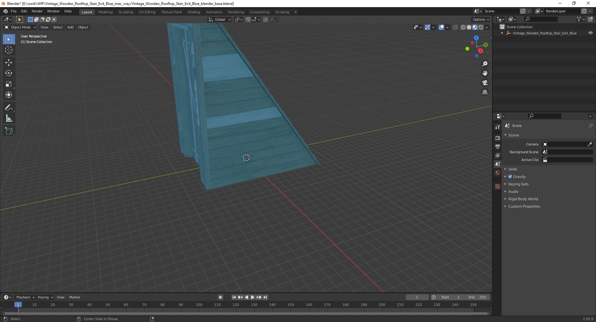 3D Vintage Wooden Rooftop Stair Exit Blue model