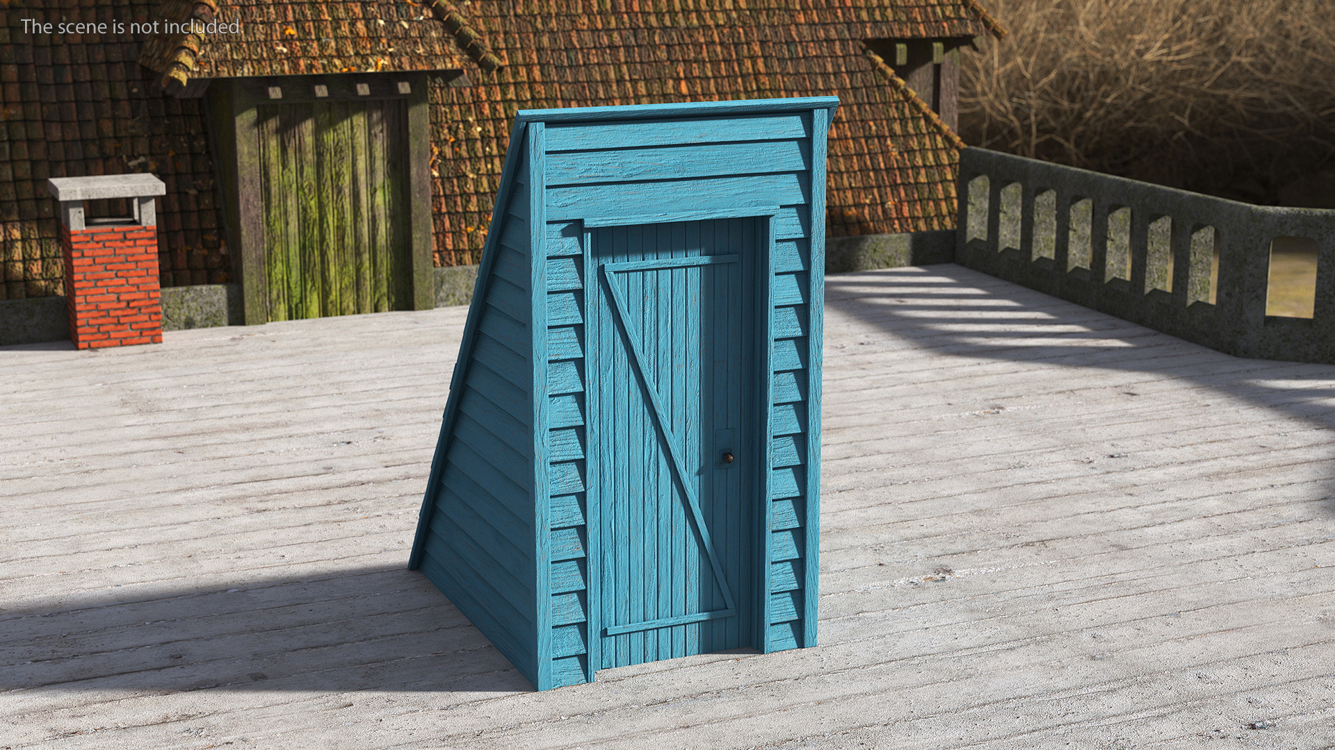 3D Vintage Wooden Rooftop Stair Exit Blue model