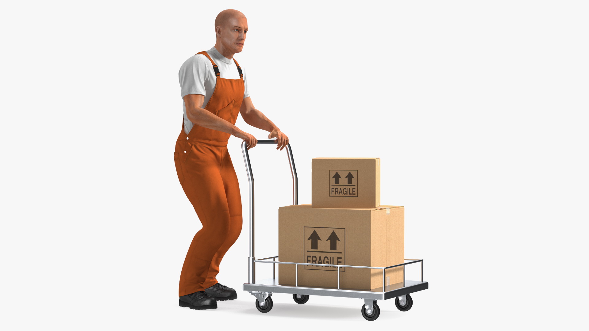 Worker with Trolley Low Platform Railing Cardboard Boxes Rigged Fur 3D