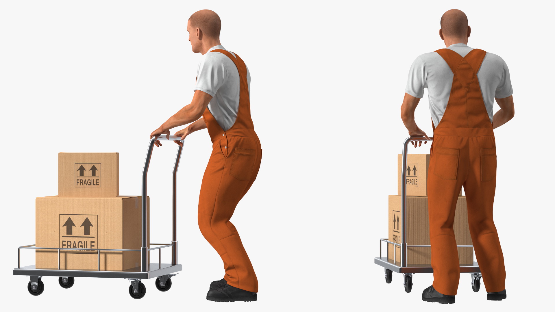 Worker with Trolley Low Platform Railing Cardboard Boxes Rigged Fur 3D