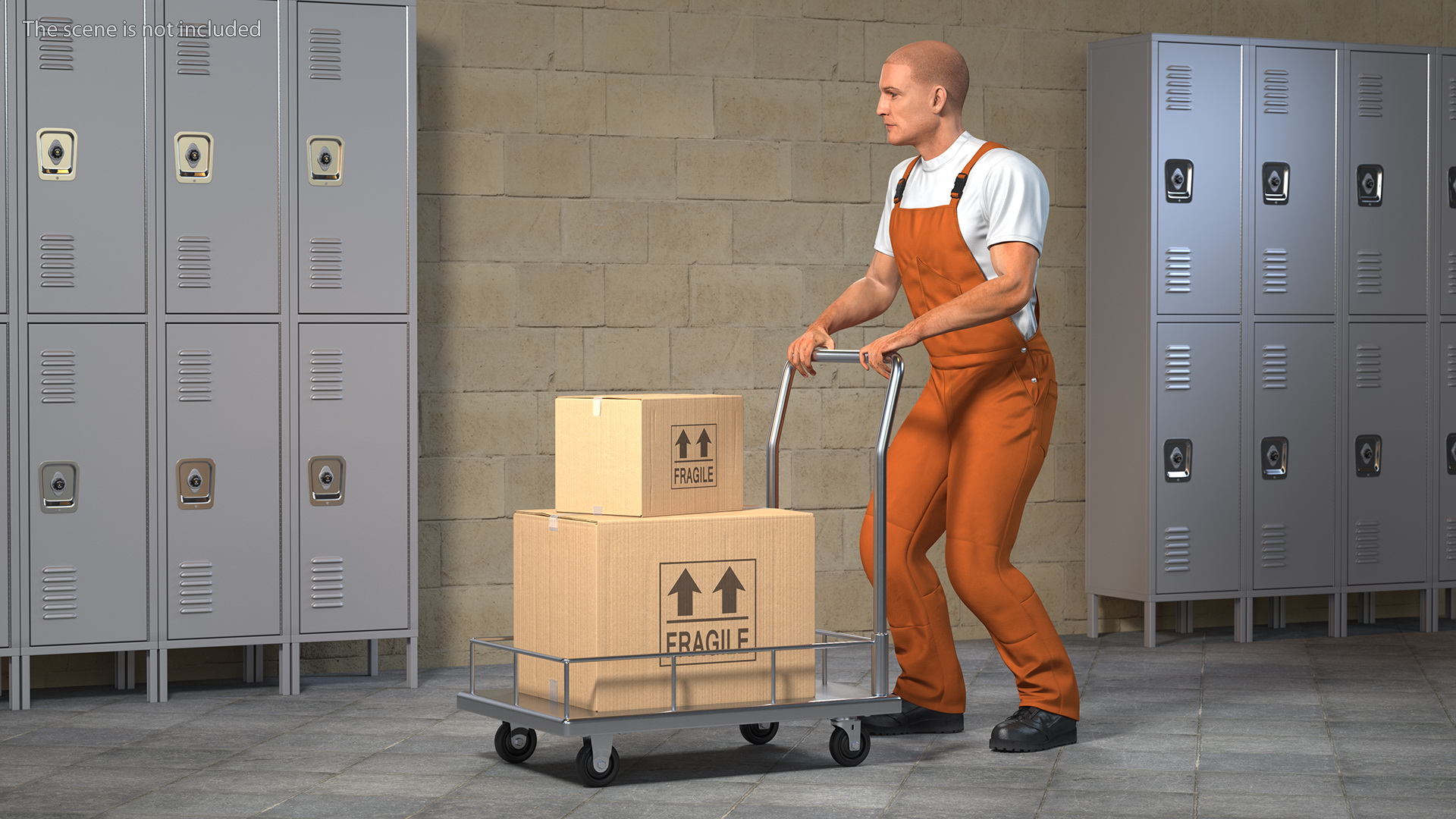 Worker with Trolley Low Platform Railing Cardboard Boxes Rigged Fur 3D
