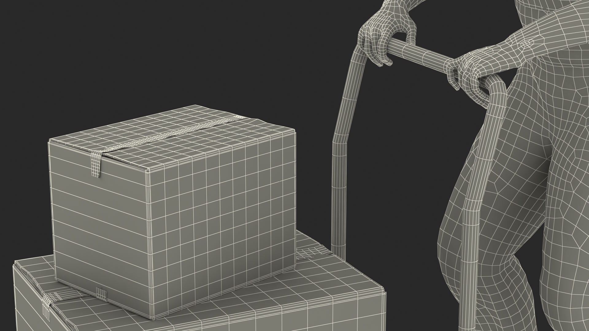 Worker with Trolley Low Platform Railing Cardboard Boxes Rigged Fur 3D