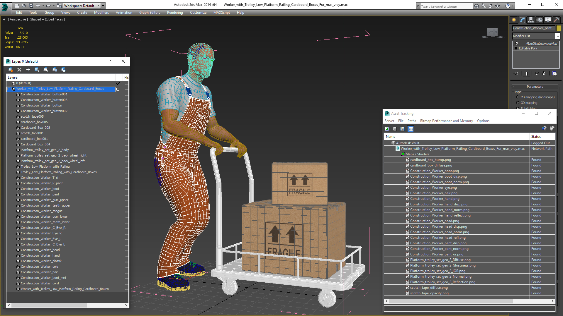 Worker with Trolley Low Platform Railing Cardboard Boxes Rigged Fur 3D
