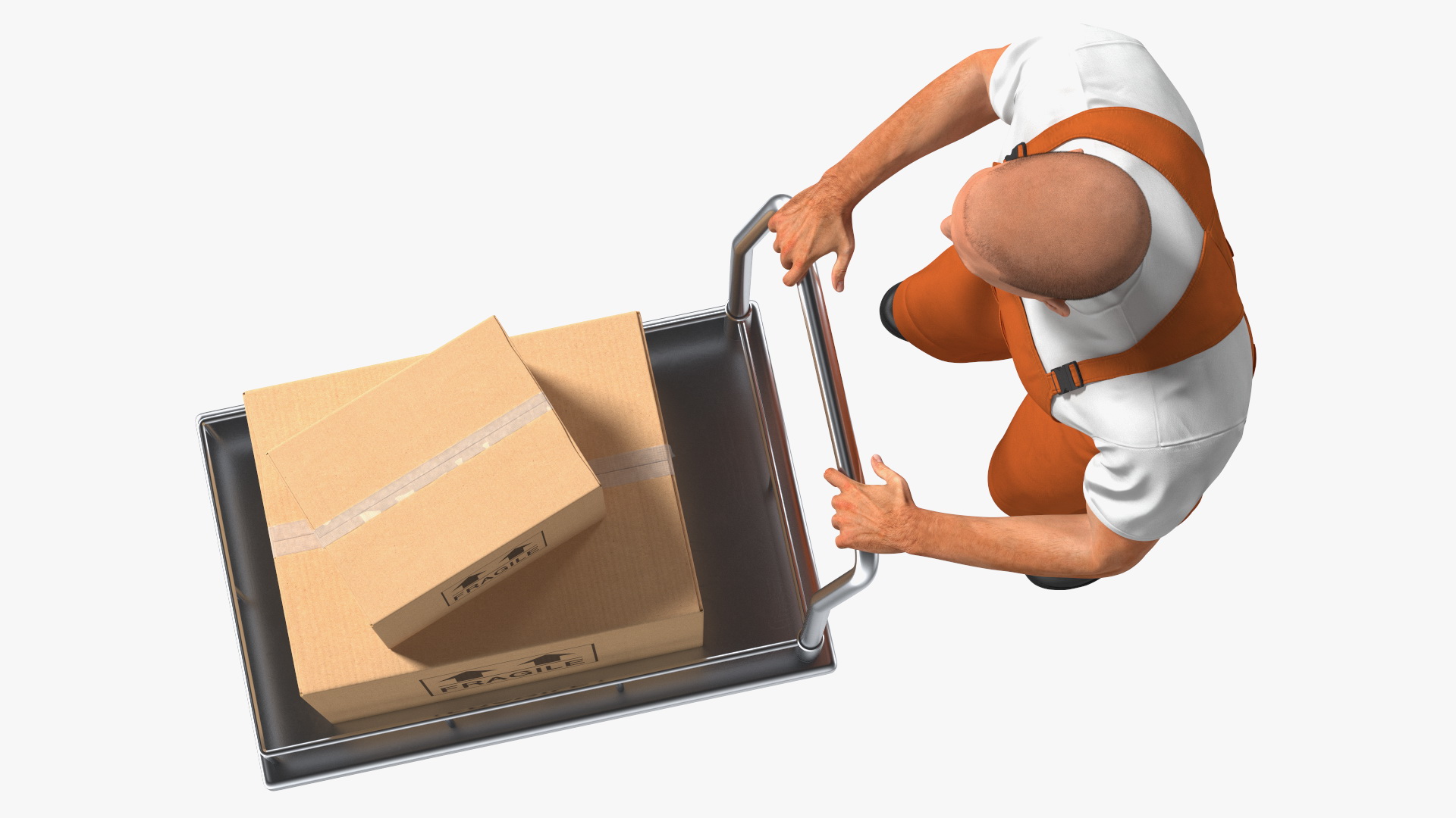 Worker with Trolley Low Platform Railing Cardboard Boxes Rigged Fur 3D