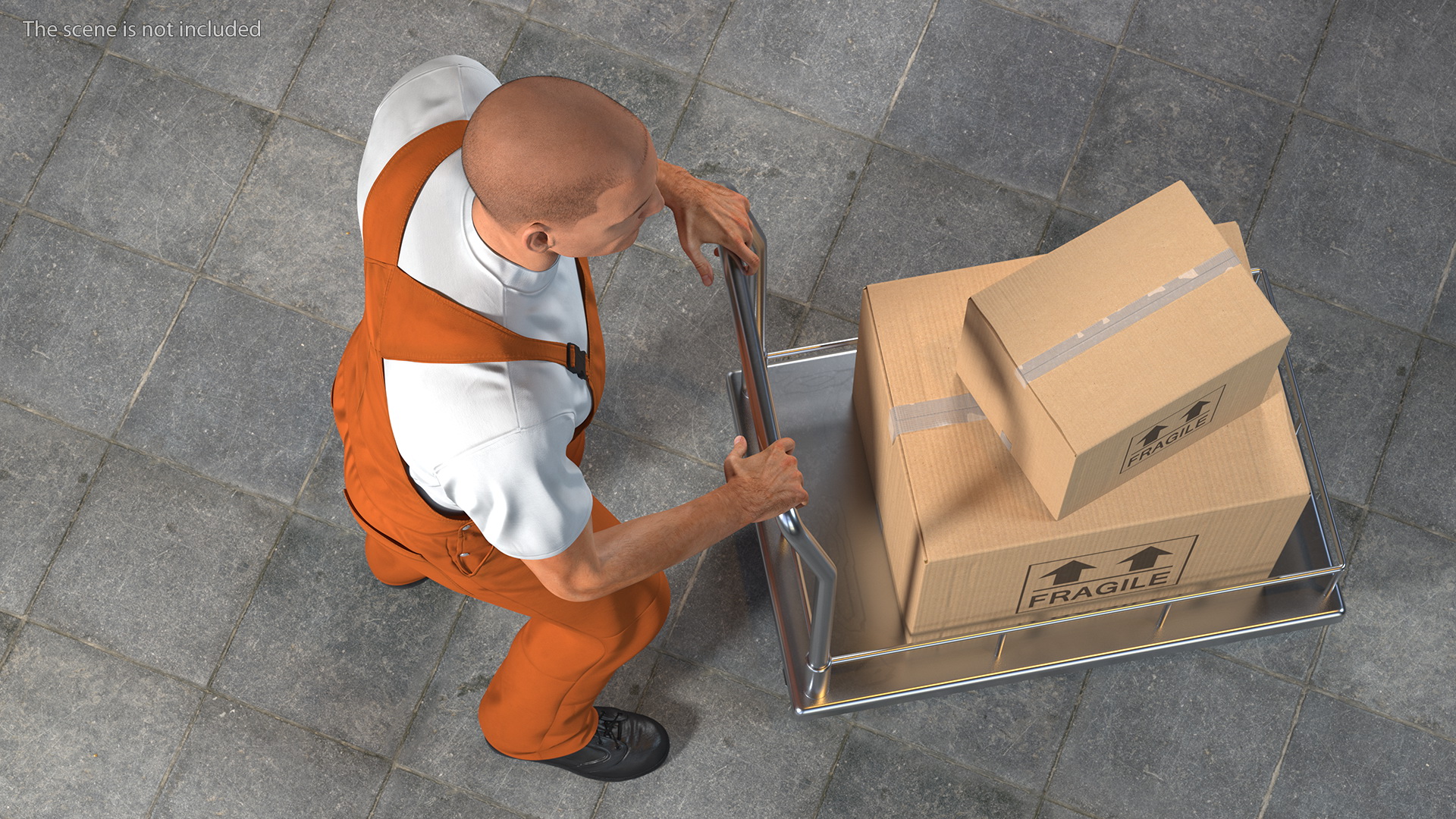 Worker with Trolley Low Platform Railing Cardboard Boxes Rigged Fur 3D